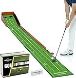 YOUCZON Putting Green Indoor, No Hump Golf Mat with Auto Ball Return - Easy to Fold Solid Wood Base, Luxurious Velvet Surface - Ideal for Home or Office and Golfers (Green Two Holes)