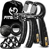 FitBeast Hand Grip Strengthener Workout Kit (5 Pack) - 2 Forearm Adjustable Resistance Grippers, Finger Stretcher, Ring & Stress Relief Ball for Athletes (Black)