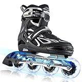 2PM SPORTS Vinal Inline Skates for Men with Light Up Wheels Adjustable Roller Women, Illuminating Outdoor Roller Skates for Kids and Adults - Silver XL