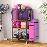 3 Tier Dumbbell Rack, Yoga Mat Storage Holder, Home Gym Storage Rack, Workout Equipment Storage Organizer, Weight Storage Holder Rack with Hooks and Wheels