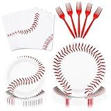 96 Pieces Baseball Party Tableware Set – Sports-Themed Disposable Plates, Napkins, and Red Forks for Baseball Birthday Parties, Team Celebrations, and Game Day Events – Serves 24 Guests