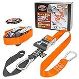 PowerTye 1.5in x 6.5ft Heavy Duty Ratchet Tie-Down Straps with Soft-Tye and Carabiner Hooks - 1,000 lb Working Load Limit / 3,000 lb Breaking Strength - Made in USA - Orange/Black Pair