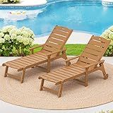 LUE BONA Outdoor Chaise Lounge Chairs Set of 2, HDPS Chaise Lounger, 5 Positions Adjustable Lounge Chairs, Pool Lounge Chair with Wheels for Poolside, Patio, Restaurant, 3 Year Warranty, Teak Color