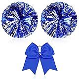 Hanaive 3 Pcs Cheerleading Pom Poms and Large Cheerleader Hair Bow Metallic Cheer Supplies for Team Spirit Sports Dance Cheering(Blue Silver Pom,Classic Style)