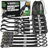 Rhino USA Ratchet Straps Tie Downs (4-Pack) - 1 Inch x 15 Feet (1,823lb Break Strength) - Ultimate Tie Down Straps with Safety S Hooks - for Trucks, Cargo, Moving, Appliances - Black