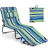 GYMAX Tanning Chair, 330lbs Beach Lounge Chair with Face Hole, Washable Pillow & Carry Strap, Adjustable Folding Chaise Lounge, Layout Chair for Outside, Patio, Poolside, Lawn (1, Stripe)