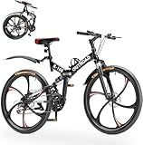 Max4out 26 Inch Folding Mountain Bike, 21 Speed Full Suspension Bicycle with High-Carbon Steel, Dual Disc Brake Non-Slip Quick Release tire MTB for Adults/Men/Women