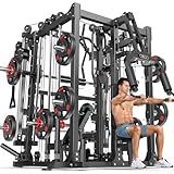Smith Machine with Cable Crossover System, Multi-Function Squat Rack Power Cage for Home Gym, Power Rack and Packages Weight Sets (Black, L07-Smith Machine+Weight Bench+Cast lron 220LBS)