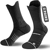 Rahhint Compression Running Socks 3 Pairs, Cushion Crew Socks, Anti-Blister Moisture Wicking Athletic Hiking Basketball Socks