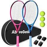 AboveGenius Neon Pink & Blue Tennis Rackets 2 Pack for Adults- 27" Lightweight Aluminum Tennis Racquet Set with 3 Balls & Bag - Stylish Matte Pop-Color Starter Kit for Couples & Friends