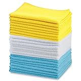 Amazon Basics Microfiber Cleaning Cloths, Ultra Absorbent, Lint Free, Streak Free, Non-Abrasive, Reusable and Washable, 16" x 12", Blue/White/Yellow, Pack of 24