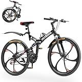 MarKnig 26 Inch Adult Folding Bikes/Mountain Bikes, 21 Speeds Mountain Bicycles with Full Suspension, Dual Disc Brake, High Carbon Steel Frame, Foldable Bike for Men/Women/Teen, HM-Black
