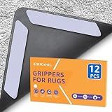 ZONGOOL 12 PCS Rug Tape Non Slip – Reusable Washable Rug Grippers for Hardwood Floors, Double Sided Rug Pads to Prevent Sliding & Curling, No Floor Damage, Rental Friendly, White