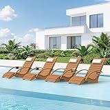Homenjoy Pool Lounge Chairs Set of 4, Shallow Water 8-10 Inches Deep, HDPS Fade Resistant Pool Tanning Chair with Armrest, Cup Holder, Headrest, 330lbs Capacity, Outdoor Beach Sun Lounger, Teak Color