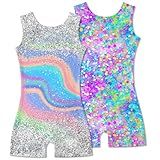 Taubow 2 Packs Gymnastics Leotards for Girls Size 6 7 Kids Biketard with Shorts Gradient Tie Dye Diamond Dance Leotard