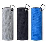 Husfunov 3 Pack Golf Towels(16" X 16") with Carabiner Clip,Microfiber Fabric Waffle Pattern Towels for Golf Bags,Tri-Fold Portable Towels for Men Women,Blue/Black/Gray