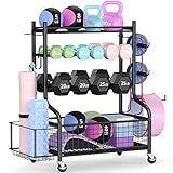 PLKOW Dumbbell Weight Rack, Home Gym Storage for Kettlebells Yoga Mat and Balls, All in One Workout Storage with Wheels and Hooks, Powder Coated Finish Steel