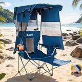 AKSOUL Beach Chair with Canopy Shade: Folding Camping Chair with Umbrella for Adults,Portable Camp Chairs with Cup Holder, Side Pocket for Lawn, Sports, Tailgates, Fishing - Support 330 LBS,Blue