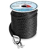 YOUNG MARINE Made 3/8 Inch 100FT 150FT Premium Solid Braid MFP Anchor Line Braided Anchor Rope/Line with Stainless Steel Thimble and Shackle, Black (3/8" x 150')