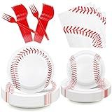 eggigi 80Pcs Disposable Baseball Party Tableware Set (20 Guests) - Paper Plates/Napkins&Plastic Forks, Red/White Sports Themed Supplies for Baseball Birthdays, Game Day Gatherings & Team Celebrations