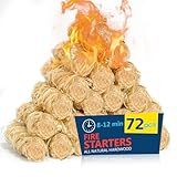 Fire Starter 72Pcs - Extra Long 12min Natural Fire Starters for Grill, Fireplace, Camping & Survival Kit | Waterproof, Odorless, Safe for BBQ/Pizza Oven/Chimney (Indoor & Outdoor)