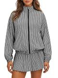 Fisoew Womens Tennis Jackets Striped 2 Piece Outfits Casual Matching Sets