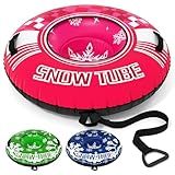 Goplus Inflatable Snow Tube, 42" Heavy-Duty Snow Sledding Tube with Detachable Tow Strap, Thickened Bottom, 3-in-1 Valve, Handles, Winter Outdoor Fun Toy for Kids & Adults, Christmas Birthday (Pink)