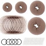 FANDAMEI Hair Donut Bun Maker Kit - 4 Hair Bun Maker, 20 Invisible Hair Nets for Buns, 5 Elastics, 20 Bobby Pins, Bun Nets for Ballet girls,Hair Donuts for Buns - Tan Brown
