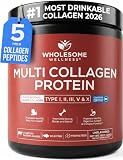 Wholesome Wellness Premium Multi Collagen Peptides Protein Powder for Women and Men, 5 Types of Hydrolyzed Collagen, Grass-Fed, Non-GMO & Unflavored, Pure Protein for Youthful Skin & Joint Recovery