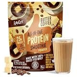FlavCity All in One Protein Shake Powder, Butter Coffee - 55mg Caffeine + Collagen Peptides, Reishi & Cordyceps - Focus, Skin, Hair & Joint Support - 100% Grass Fed Whey, 20 Servings