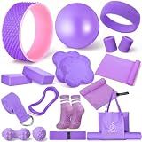 17 Pcs Yoga Essential Kit for Women, Pilates Equipment Starter Set for Beginners with Yoga Wheel Ball Blocks Strap Resistance Bands Wrist Rings Socks Towel & Carry Bag for Home Workouts(Purple)