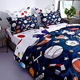 Wajade Sports Comforter Set - 7 Piece Queen Bedding with 3D Soccer, Basketball, Baseball, Football Design for Kids
