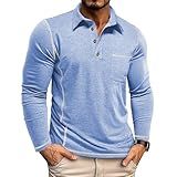Mens Fashion Polo Shirts Classic Long Sleeve Basic Button Tees Stylish Tops Golf Shirts with Pocket Blue L