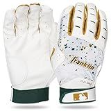 Franklin Sports MLB Batting Gloves - 2nd Skinz Drip Baseball + Softball Batting Gloves - Adult + Youth Premium Leather Pair - White + F. Green - Youth Medium