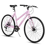 HILAND 700C Road Hybrid Bike, 7 speeds Bikes Urban City Commuter Bicycle with Disc Brake for Men Women Adult Comfortable Bicycle Pink