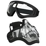 Aoutacc Airsoft Half Face Mask Steel Mesh and Goggles sSet, Tactical Masks Protection Gear for Paintball BBS CS Nerf Game Cosplay Halloween Costume Accessories (Black with Pattern)