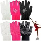 Jiuguva 3 Pairs Ice Skating Gloves for Kid Girl Figure Skating Accessories Gloves with Snowflake Rhinestone(Black, White, Pink)