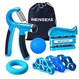 IMENSEAS Grip Strength Trainer 7 Pack Adjustable, Finger Stretcher Resistance Extensor Bands, Finger Exerciser, Hand Gripper Strength Ring & Stress Ball, Blue