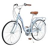 BALINGE 26 Inch Womens Beach Cruiser Bike 7 Speed，Hybrid Bike Women，Womens Commuter Bicycle，High-Carbon Steel Frame，Caliper Brake,Light Blue