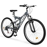Max4out 26 inch Mountain Bike Dual Full Suspension, Outdoor Hybrid Bikes,7-Speed/High-Carbon Steel, for Men Women Adult, MTB Bicycle with Suspension Fork,Gray