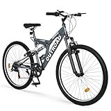 Max4out 26 inch Mountain Bike Dual Full Suspension, Outdoor Hybrid Bikes,7-Speed/High-Carbon Steel, for Men Women Adult, MTB Bicycle with Suspension Fork,Sleek Colors-Gray