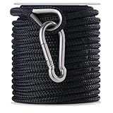RainierSupplyCo Boat Anchor Rope - Double Braided Marine Rope Anchor Line - 100 ft x 3/8 Inch Nylon Boating Line with 316 Stainless Steel Thimble and Heavy Duty Marine Grade Bow Shackle - Black