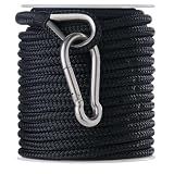 RainierSupplyCo Boat Anchor Rope - Double Braided Marine Rope Anchor Line - 100 ft x 3/8 Inch Nylon Boating Line with 316 Stainless Steel Thimble and Heavy Duty Marine Grade Bow Shackle - Black