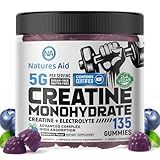 Natures Aid Creatine Monohydrate Gummies (5g) – Pre-Workout Energy & Muscle Growth Support for Men & Women | Blueberry Electrolyte Gummies (135 Count)