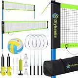 Portable Volleyball & Badminton Combo Net Set for Backyard Beach with 2 Nets (20ft and 32ft), Adjustable Poles, PU Volleyball, Aluminum Rackets and Carry Bag, Quick Setup & Durable (Black)