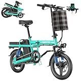 sepado Foldable Electric Bike for Adults,14" Tire 20MPH Commuter Folding Ebike, 20-45 Miles Range, 48V 480WH Battery, Full Suspension Mini Electric Bicycle with Front Storage Bag (Blue 48V 10Ah)