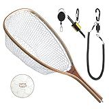 ONROCL Fly Fishing Net Trout Net with Magnetic Release and Rod Holder Wooden Frame Landing Net with Soft Rubber Mesh for Catch and Release (Clear Small Holes)
