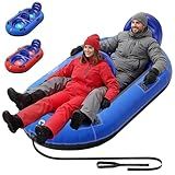 QPAU 2-Person Inflatable Snow Tube with Dual Backrests & Tow Rope, Heavy Duty Canvas-Covered Blow Up Snow Sled with Handles, Fast Inflation Air Valves, Premium Snow Tubes for Kids & Adults (Blue)