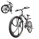 Max4out 26 Inch Folding Mountain Bike, 21 Speed Full Suspension Bicycle with High-Carbon Steel, Dual Disc Brake Non-Slip Quick Release tire Folding Bicycle for Adults/Men/Women(LH-Black)