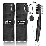 Seticek 2 Pack Golf Towel (16" X 16") with Golf Club Brush, Microfiber Waffle Pattern Golf Towels for Golf Bags for Men,Essential Golf Combo Cleaning Kit (Black)